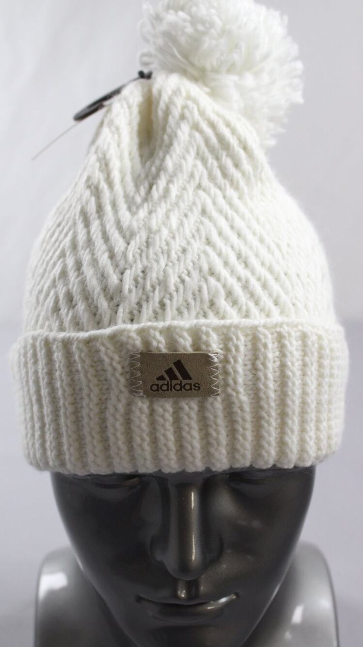 adidas Women's Pom Knit Beanie Hat Aeroready OS White NWT Fold-Over Cuff